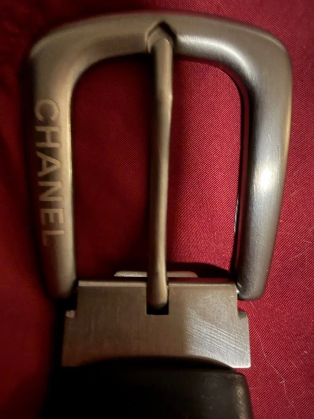 Chanel Belt 95/38 black calf leather with brushed silver buckle. $300 firm.